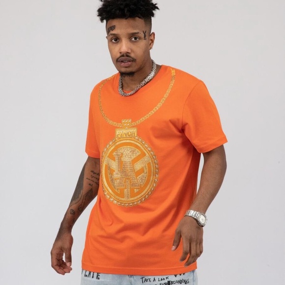 Finch LA Rhinestone Gold Chain Orange Mens Tee Shirt - Picture 1 of 2